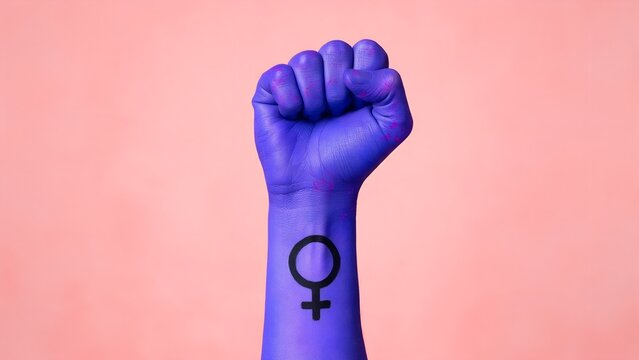 Raised human fist painted in bright purple with a feminine gender symbol symbolising female empowerment and strength against a soft and muted pink background backdrop