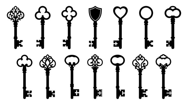 Collection of antique keys presented as a black silhouette