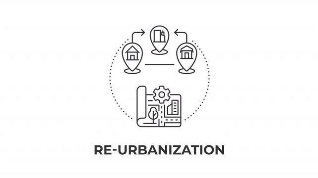 Re urbanization animated line concept icon. Smart city planning paradigm. Modernizing infrastructure framework. Metropolitan development. Flat linear graphic motion. Minimalist black outline animation