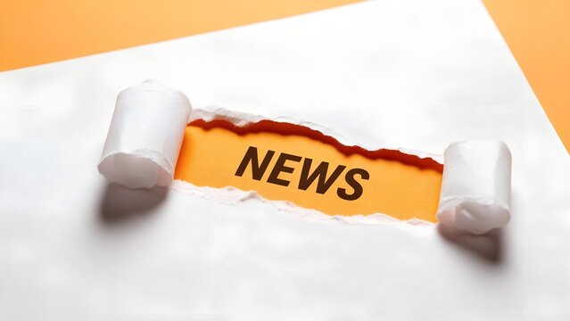 News text printed clearly on a bright orange background revealed by tearing a piece of white paper with realistic soft shadows and sharp clean edges