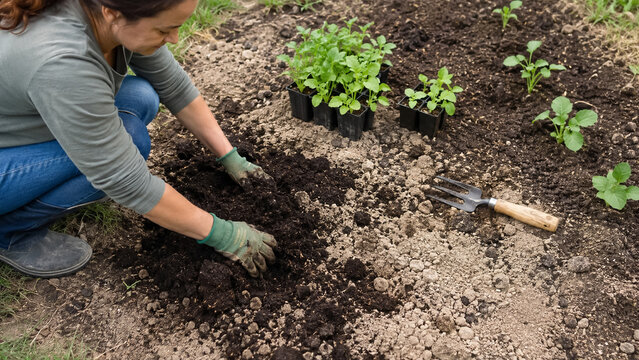 Woman gardener preparing soil amendment with nutrient rich compost for planting seedlings outdoors. Concept of organic gardening, garden bed, woman gardening.