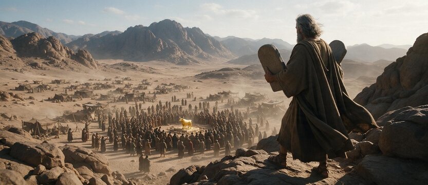  Prophet Moses holding the stone tablets, looking down from Mount Sinai at the Israelites worshipping the Golden Calf idol in the desert. Biblical Exodus concept