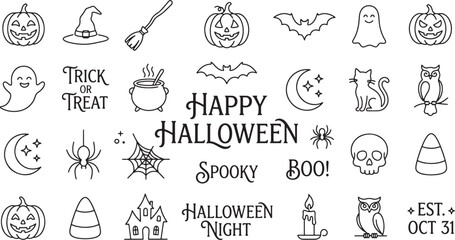 Obraz premium Hand drawn Halloween doodle icon set featuring pumpkins ghosts and bats on white background