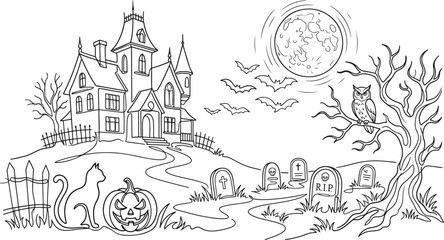 Fototapeta premium Hand drawn black and white illustration of a haunted house with a graveyard and full moon