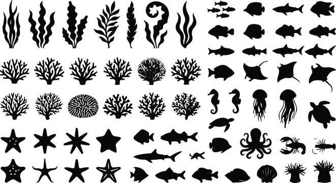Underwater Coral Reef Sea Animals Fish Shark Silhouette Vector Pack