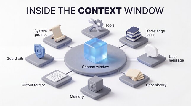 Context Window in AI Explained: 3D Infographic of System Prompt, Tools, Memory, Knowledge Base and Chat History