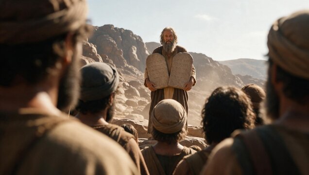 Prophet Moses presenting the stone tablets of the Covenant with the Ten Commandments to the Israelites at Mount Sinai. Biblical Exodus, Hebrew Torah, and Shavuot concept