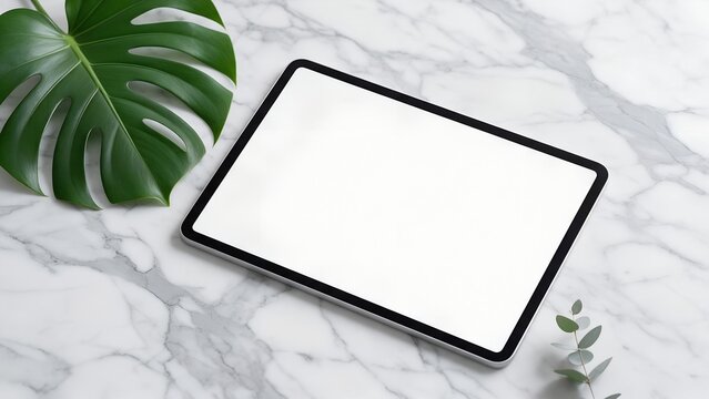 Digital tablet with blank white screen mockup placed elegantly on a luxurious polished white marble surface next to a large tropical green monstera plant leaf