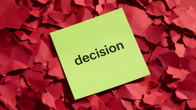 Bright green square sticky note featuring bold black text showing the word decision resting carefully atop scattered pieces of torn vibrant red construction paper surface