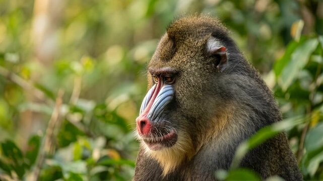 mandrill close up at morning light in gabon tropical rainforest video