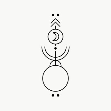 minimalist spiritual totem symbols with sacred geometry. Thin black line art vertical icons featuring dots, chevrons, moon, circles and crescent. Perfect for boho logo, yoga studio, t