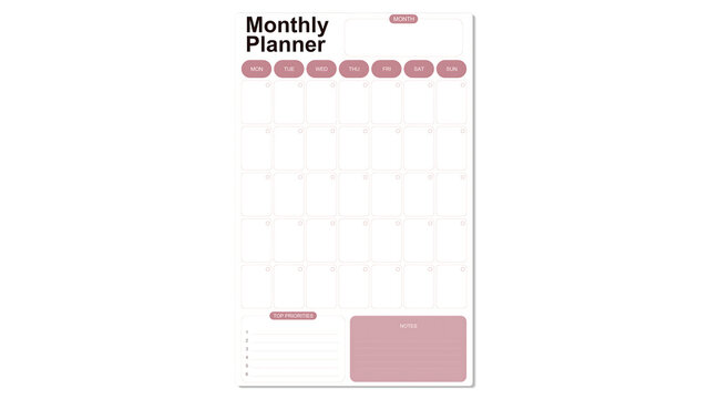Minimalist monthly planner template with calendar grid pink accents priority list and notes section for organization transparent background
