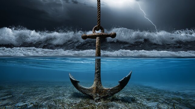 A sturdy anchor settled on the ocean floor enveloped by tranquil and clear blue waters