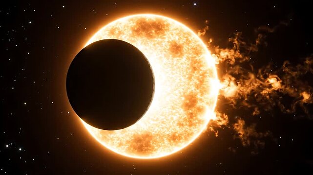 Solar Eclipses Animation Showing a Moon Gradually Obscuring a Bright Sun, Transitioning Through Phases. Dynamic Celestial Event Footage.