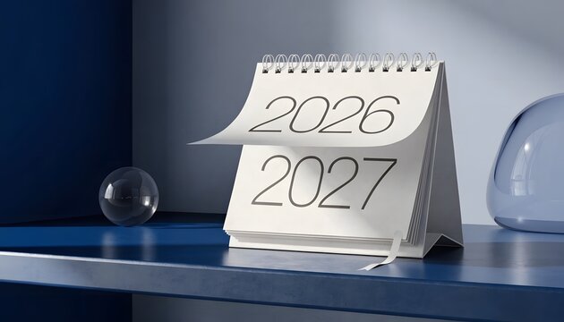 Minimalist calendar flipping from 2026 to 2027 on desk top.