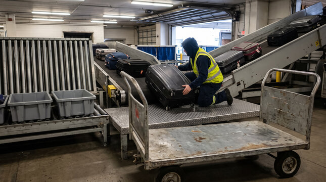 Airport baggage handler loading suitcases from conveyor belt system in cargo terminal. Concept of ground crew, baggage handling, airport worker, sorting facility, luggage sorting.