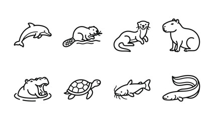Fototapeta premium Various Animals Line Art: A collection of hand-drawn line art icons featuring a dolphin, beaver, otter, capybara, hippopotamus, turtle, catfish, and eel.