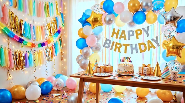 Festive birthday table arrangement with golden cake and party decorations