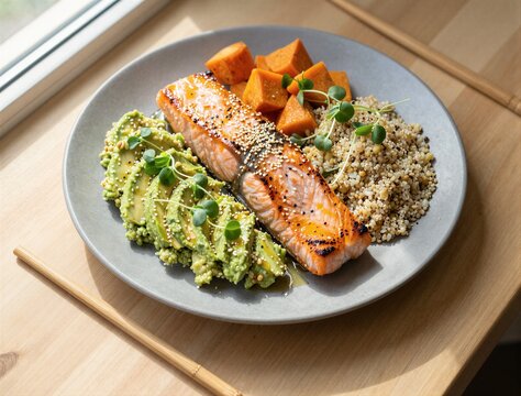 Salmon avocado quinoa plate served on wooden table