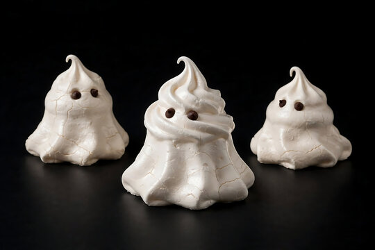Halloween Ghost Meringue Cookies with Chocolate Chip Eyes on Black Background
