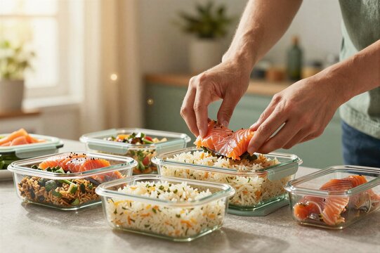 Person assembling salmon meal prep containers on countertop