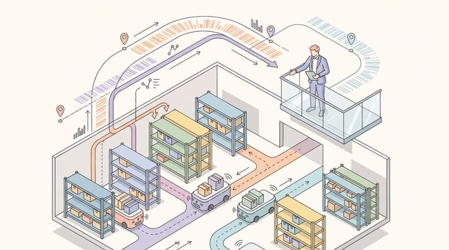 Professional manager overseeing automated warehouse operations with robotic vehicles moving boxes along systematic paths in a modern logistics distribution center setting