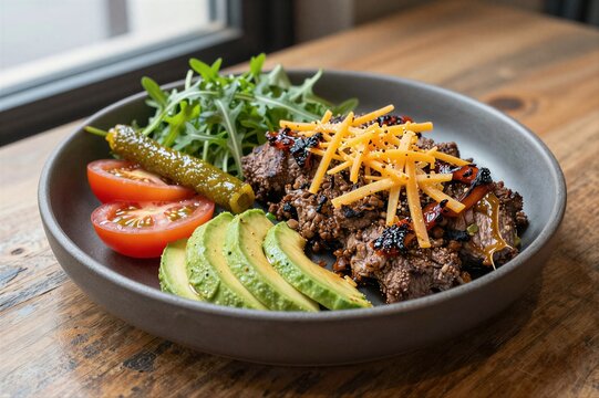 Beef bowl topped with cheese and avocado by window