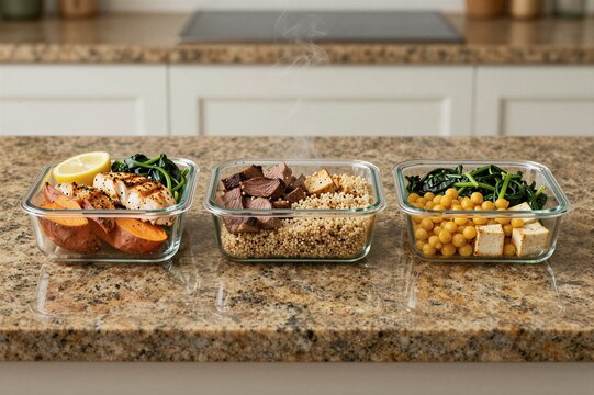 Prepared meals arranged in glass containers on countertop