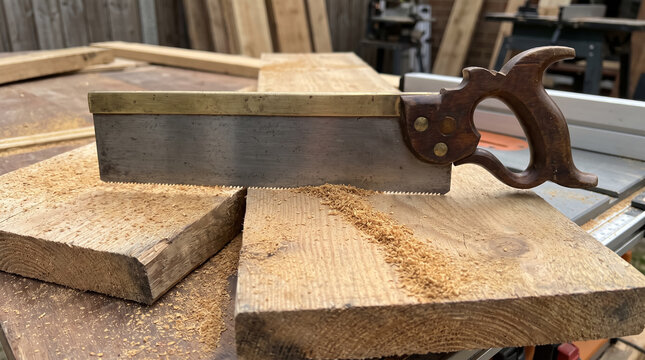 Traditional Brass Back Tenon Saw on Cut Wooden Plank with Sawdust in Carpentry Workshop. Concept of hand saw, woodworking, wood plank, wood cutting, timber.