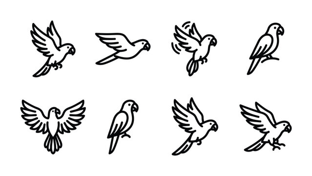 Set of Parrot Icons in Flight and Perch: A collection of minimalist black and white line art icons depicting parrots in various dynamic poses, including flight, flapping wings, and perching.