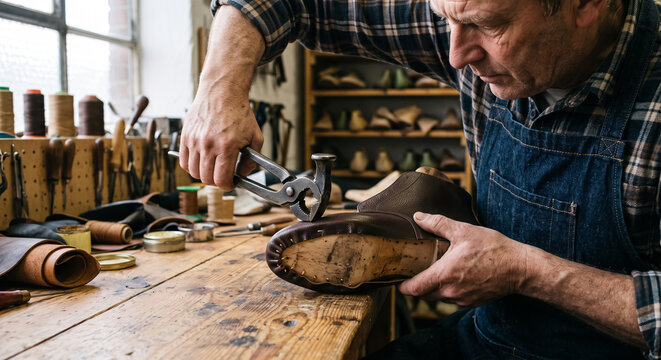 Mature shoemaker stretching leather over wooden shoe last with lasting pincers in traditional workshop. Concept of footwear, cobbler, shoe making, leather craft, craftsman, handmade shoes.