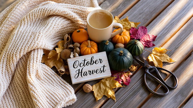 Cozy october harvest still life with pumpkins, hot drink, knitted blanket, autumn leaves and garden scissors arranged on a rustic wooden table