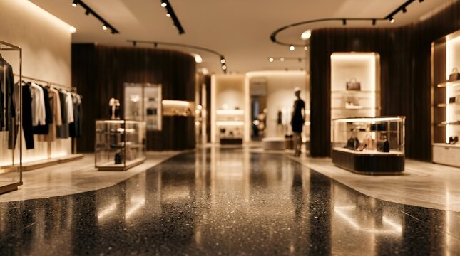 Luxury fashion boutique interior with polished terrazzo floors, modern retail store design with warm ambient lighting, upscale clothing showroom