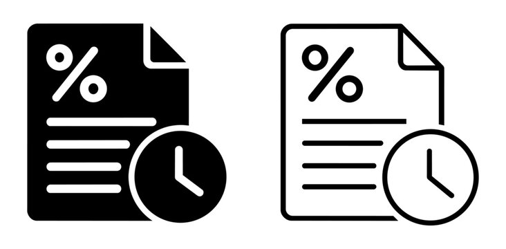 Set of document with percentage sign and clock icons, financial deadline or interest rate duration symbols