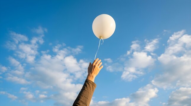 Man hand reaching up and letting go of a round white helium balloon soaring into vibrant blue sky with soft white cumulus clouds.