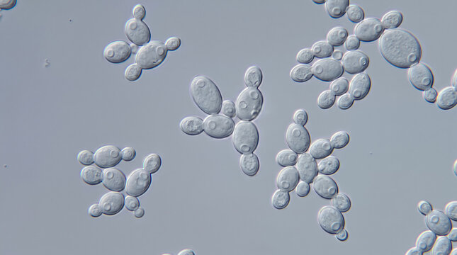 Microscopic view of budding yeast cells dividing and forming colonies during scientific research. Concept of microscopy, microbiology, cell division, saccharomyces cerevisiae, fungus, biotechnology.