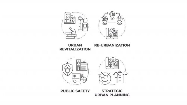 Modern city evolution models animated line concept icon set. Responsible municipal growth. Enhancing public safety networks. Flat linear graphics motion. Minimalist black outline animation pack