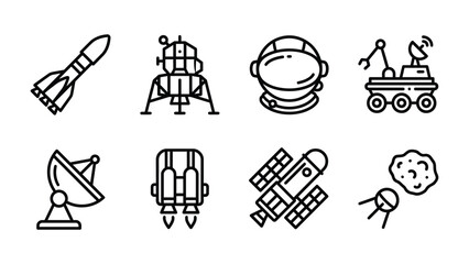 Space Exploration Icons: A collection of clean, modern line art icons representing various elements of space exploration, including a rocket, lunar lander, astronaut helmet, rover, satellite dish. © mojahedh