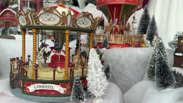christmas village with carousels and snow, concept of holiday retail, event planning, banner