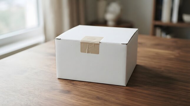 A pristine white cardboard box sits prominently on a polished wooden floor awaiting its contents to be revealed suggesting a recent delivery or