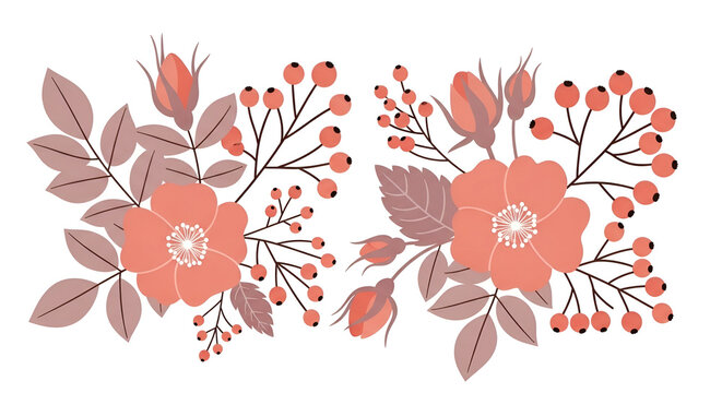Elegant vector illustration featuring two charming clusters of pink wild roses, delicate rose hips, and decorative leaves, perfect for spring and autumn design projects and embellishments