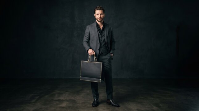 Stylish man in a grey suit holding a black shopping bag with gold trim against a dark background