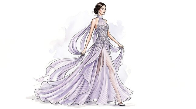 Elegant Lavender Halter Gown Illustration with Flowing Sheer Fabric