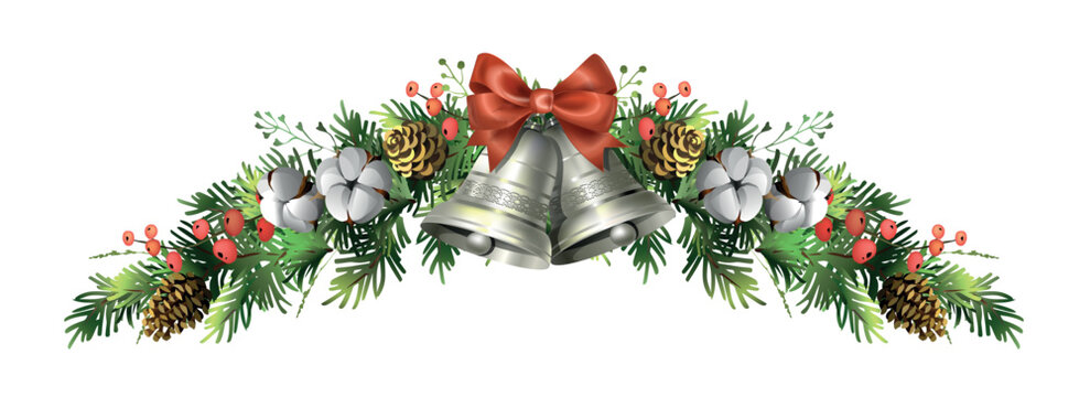 Silver Christmas bells with red bow, spruce garland, pine cones and cotton flowers vector illustration. Decorative winter holiday floral element with berries isolated on white background.