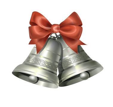 Silver Christmas bells with red bow vector illustration. Decorative winter holiday jingle bells element isolated on white background.