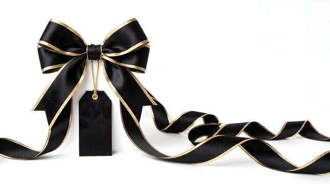 A sophisticated black and white satin ribbon bow adorns a present with long graceful flowing ribbon ends displayed