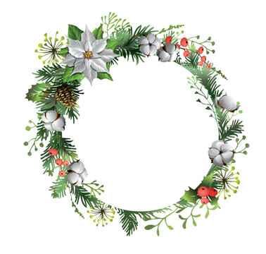 Christmas round frame with white poinsettia, pine cones and cotton flowers vector illustration. Decorative winter holiday circle border with spruce branches and berries isolated on white background.