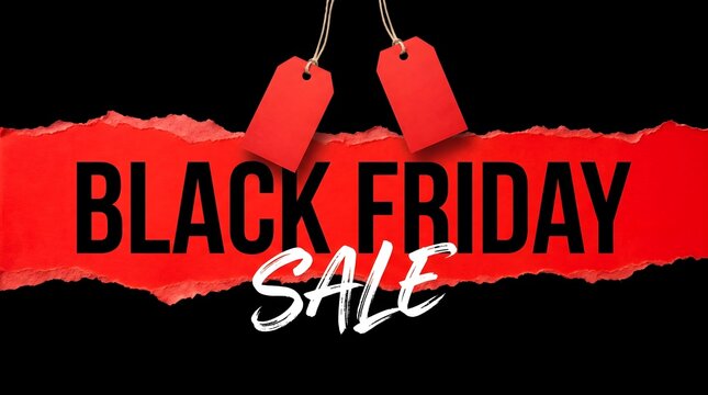 Dramatic black friday sale banner with torn red paper and hanging price tags for retail promotions
