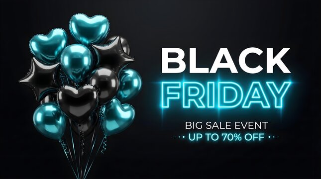 A dramatic black friday sale announcement featuring vibrant teal and black balloons set against a dark moody backdrop