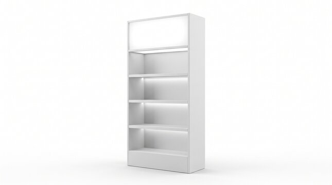 Sleek empty white retail display shelf with illuminated top, ideal for product merchandising in contemporary store interiors, boutiques, and exhibition spaces, minimalist design